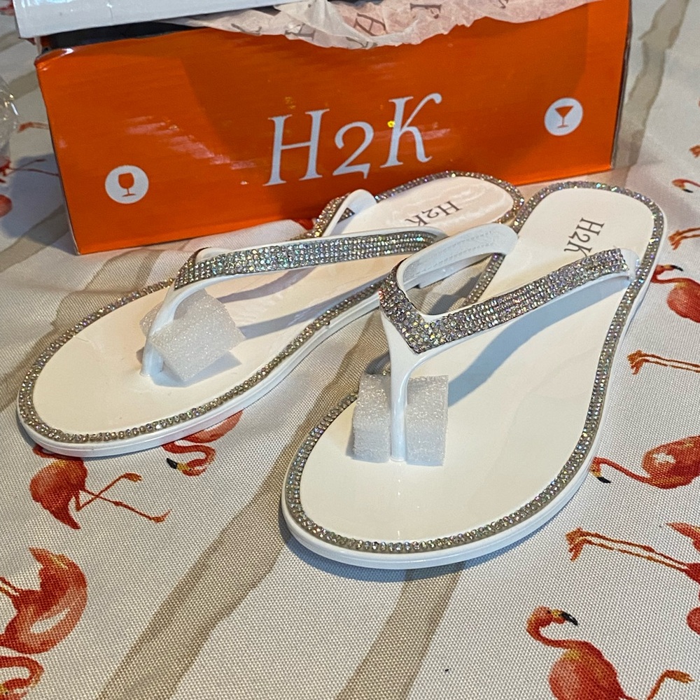 H2K White Thong Sandals with Rhinestone Details NEW